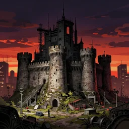 a beautiful very detailed illustration of stronghold urbex city by banksy, at night bladerunner 2 0 4 9 wilderness sunset, archdaily, wallpaper, highly detailed, trending on artstation.