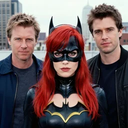 phil noto, peter mohrbacher, thomas kinkade, artgerm, batgirl dc comics, red hair, symmetrical eyes, city rooftop