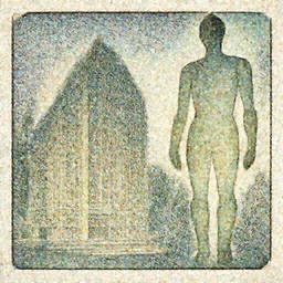 artwork of a building and large humanoid in a nice scenery in the style of Lalique,