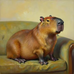 capybara posing on a couch | in the style of salvadore dali | matte oil painting | featured on artstation | impressionist