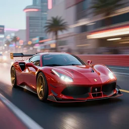 a photorealistic photograph of an iron man themed ferrari racing down the las vegas strip. cinematic lighting, ray tracing, octane render, bokeh, anamorphic lens flare, hyper detailed. this 4 k hd image is trending on artstation, featured on behance, well - rendered, extra crisp, features intricate detail, epic composition and the style of unreal engine.