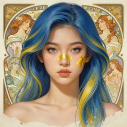 filipino girl blue - yellow hair nose tape, intricate, elegant, highly detailed, my rendition, city in the background, digital painting, artstation, concept art, smooth, sharp focus, illustration, art by artgerm and greg rutkowski and alphonse mucha and uang guangjian and gil elvgren and sachin teng, symmetry!!