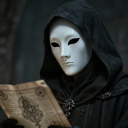 a digital art close up portrait of hooded bard with porcelain mask in style of dark souls character, handsome warlock with magic character sheet, 4 k, ultra detail, volumetric lighting, unreal engine, octane render, grimdark