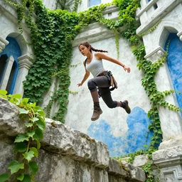 a badass action shot of young Lara Croft jumping down from a weathered stone, an ancient white and blue dungeon with bright green vines overgrowing