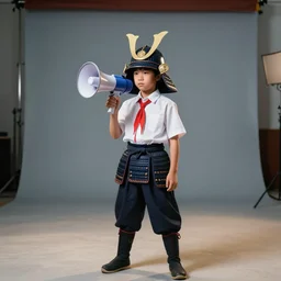 wide full shot of an asian school boy wearing a samurai headgear cosplay, holding a megaphone inside a film studio background, softlight, photorealistic, art by artgerm and greg rutkowski