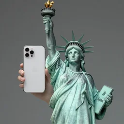 realistic studio photo 8 k, studio light, statue of liberty holds an iphone in the hand
