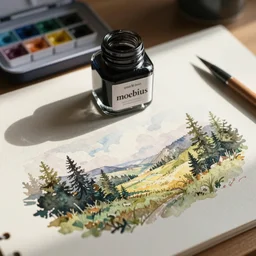 sketch of jar of ink on a desk, afternoon lighting, watercolor, by moebius