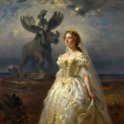 goya the colossus painting, giant on the horizon, colossus in background, made of stone, atmospheric haze, stormy, tundra, hudson river school, princess in foreground, large scale