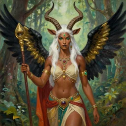 the beautiful forest witch has brown skin, white hair, antelope horns on her head, green eyes and the third eye on her forehead. she wears more exposed indian clothes and dunhuang clothes. she has black and gold wings behind her and holds a brown scepter in her hand. character design, colorful, painting by gaston bussiere, craig mullins, j. c. leyendecker, tom of finland