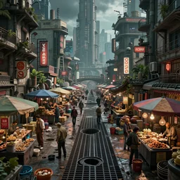 a gonzo 3 d render of a sewer marketplace in a biopunk metropolis, ultra wide angle, octane render, unreal engine, 8 k, hdr, nightmare, large details, pristine, masterpiece, by ralph bakshi, by saby menyhei, trending on artstation