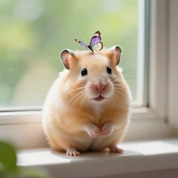 A 4k photo of a cute blonde hamster with a small butterfly on it\'s head, sitting on a window in a summer day