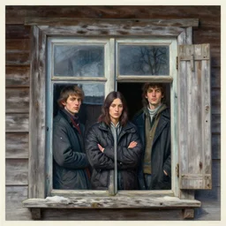 3 d, two fashion models in old wood house window, moringn, winter, poster art, intricate oil painting, high detail, figurative art, multiple exposure, poster art, 3 d, by stanley kubrick and tooth wu and wlop and beeple
