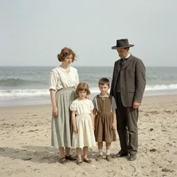 family on the beach, early twenty century, hand painted photo