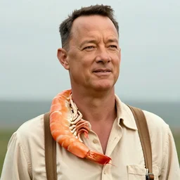 a giant shrimp around the neck of tom hanks as forrest gump, photorealistic, cgsociety, artstation