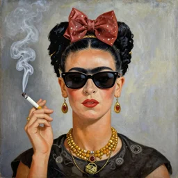 cigarette smoking raccoon with sunglasses portrait by Frida Kahlo painting
