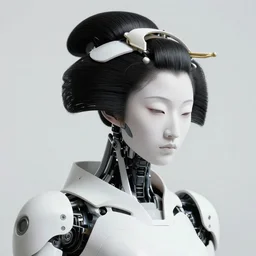 fine art photogrph head shot minimal geisha cyborg mech by ilm and bill sienkiewicz and emmanuel shiu, zaha hadid, simplified neo - futuristic tactical, ennui pose feminine, studio, mamiya 6 5 mm, iso 4 0 0, f / 5. 6, hyperrealism, studio lighting, studio, high detail, sharp focus, trending artstation, cgsociety