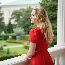 portrait of a very attractive young russian blonde wearing a red dress looking towards a heavenly garden from the balcony of a palace