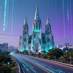 a landscape view of a cybernetic cathedral overlooking an higway made of rows of glowing codes and symbols, energy surges, cyberpunk, beautiful detailed, cinematic, strong lighting, hi - fructose art magazine, photorealistic, 8 k, gradient cyan to purple, by paul lehr and david heskin