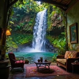 jungle waterfall colorful lightroom surreal weta digital vintage room