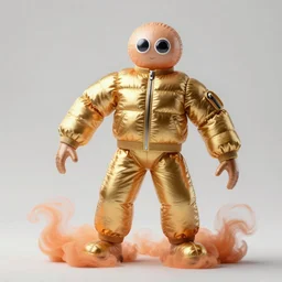 a single still slender figurine of a tall giant inflated space man wearing over sized gold puffy bomber jacket, long bendy arms and legs, googly eyes, tareme eyes, small head, personification, dynamic pose, detailed product photo, tone mapped, beautiful composition, orange mist swirling at feet, 8 5 mm, f 5. 8, soft lighting