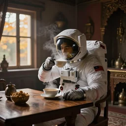 a cosmonaut in a spacesuit drinking a steaming soup, on a wooden table inside a richly decorated indian house. the autumn light comes in through a window and dimly illuminates the room, diffuse light, octane render, 4 k, matte painting