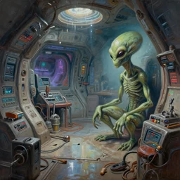 painting of hungry aliens by dinner in dirty broken interior of futuristic spaceship with amount of electromagnetic devices and tools, sharp edges, deep displacement, reflections, raytracing, raymarching, subsurface scattering, digital art, painted by taras susak