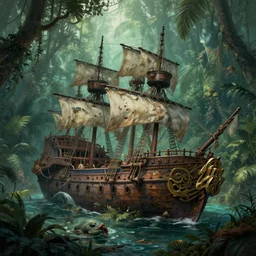 the old wreckage of a legendary pirate ship next to a magical treasure protected by a mythical creature in the middle of a very dense tropical jungle, digital painting, trending on artstation, concept art, matte painting, highly detailed, art by greg rutkowksi, craig mullins