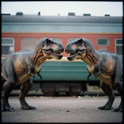 a lomography photo of rumble between two t - rex in soviet train this morning, bokeh,