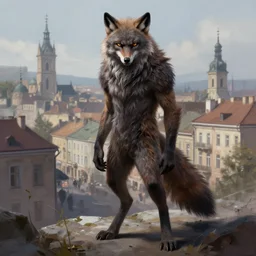 werewolf in the downtown city lviv, portrait, highly detailed, full body, digital painting, trending on artstation, concept art, sharp focus, illustration, art by artgerm and greg rutkowski and magali villeneuve