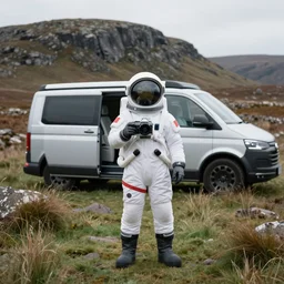 tourist in space suit on the Isle of Harris, Scotland, a futuristic sci-fi campervan in the background, 35 mm lens, medium format camera, photorealistic, rocky, hills, grass