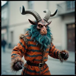 kodak portra 4 0 0, dynamic shot of a highly detailed krampus in muted colours, striped orange and teal, motion blur, robert capas style