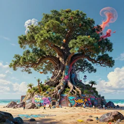 an impressive cinematic shot photo of a great big bonzai tree beach island caustics cumulo nuclear volumetric dynamic fluid simulation lighting impressive masterpiece graffiti hyper perspective textured detailed intricate sharp focus 8 k realistic illustration canon eos r 3 fujifilm x - t 3 0 sony alpha, by james gurney tooth wu artgerm colorful