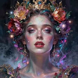 jodie comer, portrait, colorful and vibrant majestic, royal, open wide eyes, drops of tear with flowers on her hair, glowing light orbs, intricate concept art, elegant, digital painting, smooth, sharp focus, ethereal opalescent mist, outrun, vaporware, cyberpunk darksynth, ethereal, ominous, misty, 8 k, by ruan jia and miho hirano, rendered in octane