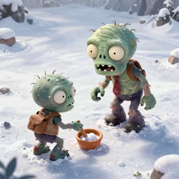 high angle shot of a cute zombie playing in the snow in the winter, high angle shot, highly detailed, smooth, beautiful, sharp focus, digital painting by greg hildebrandt, tim hildebrandt, greg rutkowski, artgerm