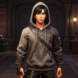 vrchat, secondlife, imvu, 3 d model of a in a young man warrior hoodie, cutely designed clothing, hq renyoung man der, detailed textures, artstationhd, booth. pm, highly detailed attributes and atmosphere, dim volumetric cinematic lighting, hd, unity unreal engine