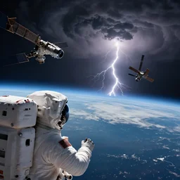 astronaut's point of view satellites falling into the earth's atmosphere, thunderstorm in the sky, smooth realistic lighting, detailed, by greg rutkowski, wlop, nixeu, artgerm, trending on artstation