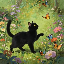 beautiful cottagecore Black Cat chasing butterflies in a dense flower garden, Studio Ghibli, intricate, elegant, highly detailed, digital painting, artstation, concept art, smooth, sharp, focus, illustration, art by artgerm and greg rutkowski and alphonse mucha