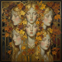 breathtaking detailed concept art painting art deco pattern of blonde goddesses faces blend autumn leaves, by hsiao - ron cheng, bizarre compositions, exquisite detail, extremely moody lighting, 8 k