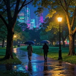 park at night, two figures, artstation, by william degouve de nunqcues, rain puddles, trees, lantern, background glitched cyber city, vivid colors