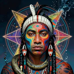 a cyberpunk portrait of an aboriginal by jean - michel basquiat, by hayao miyazaki by artgerm, highly detailed, sacred geometry, mathematics, snake, geometry, cyberpunk, vibrant, water