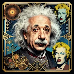 Portrait of a Albert Einstein cyborg, art deco design, by Mandy Jurgens and Warhol, Ernst Haeckel, James Jean, artstation, concept art,