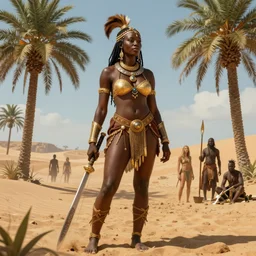 a super detailed image of a fantasy african queen, amazon, barbarian, palm trees, dunes, art by artgerm, john singer sargent, deviantart, karol bak, mark brooks, gustave courbet