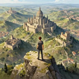 an ultra detailed matte landscape painting of an extremely tall and strong young man with short brown hair standing on a cliff overlooking a medieval capital built on top of many hills, italian renaissance architecture, ultrawide lense, aerial photography, 8 k, volumetric lighting, smooth, highly detailed, digital illustration, art by kentaro miura and akira toriyama and artgerm