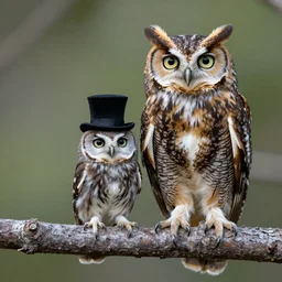 the tiniest little barn owl wearing the tiniest little top hat standing beside a regular sized great horned owl both perched on a tree branch, nature photography, national geographic, high resolution