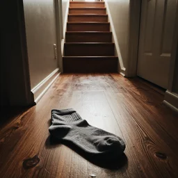 iphone photo of a sock left on the ground in a hallway, wood floors, up stairs
