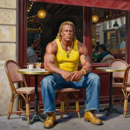 painting of the reggae hulk hogan sitting outside a parisian cafe by emile friant
