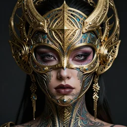 hyperrealistic detailed face portrait of the beautiful dark goddess in an intricate golden ornamental geometrical ritual mask, intricate cyberpunk face tattoos, insane details, art by ernst haeckel, nekro borja, android jones, gothic - cyberpunk, ornamental, beautiful deep colours,