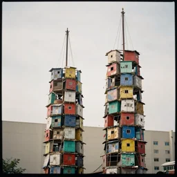 two suspended towers made up of colourful makeshift squatter shacks with faded colours, plain uniform sky at the back, soft focus, mamiya rb 6 7, f 1. 8, photographed by uta barth