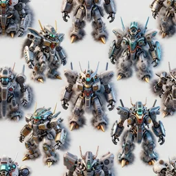 a seamless pattern of fluffy elaborate and detailed futuristic monsters complicated monsters, fun pattern, detailed accents, monster details, realistic monster machinery, artstation, futuristic shapes, mech robot details, aerial view, macro shot, closeup detail, gundam mecha, right angles, perfectly symmetric, steel pipes, glossy plastic material, transparent glass surfaces, metallic polished surfaces, octane render in maya and houdini, vray, ultra high detail ultra realism, unreal engine