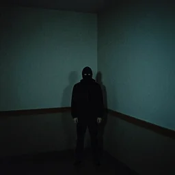 creepy Liminal interior in the style of Poughkeepsie tapes, masked person in corner, in the style of 35mm flash photography, award winning photograph,